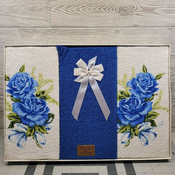 Jay Marc Creations Bathroom Towel Set 3 Piece Guest Towel Blue Rose Floral Vtg - Picture 1 of 12
